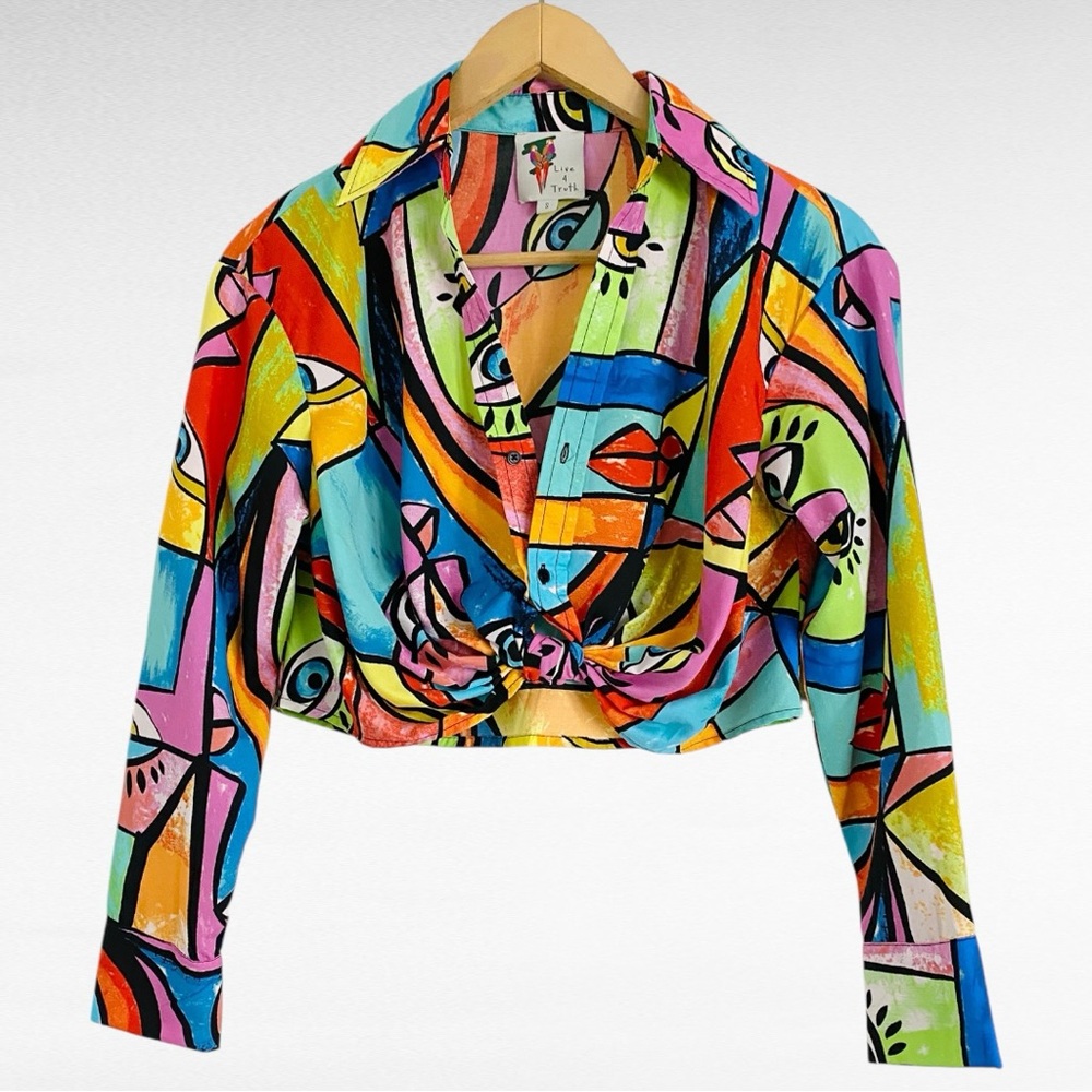 Live 4 Truth Colorful Abstract Face Print Cropped Button Down Art Shirt
